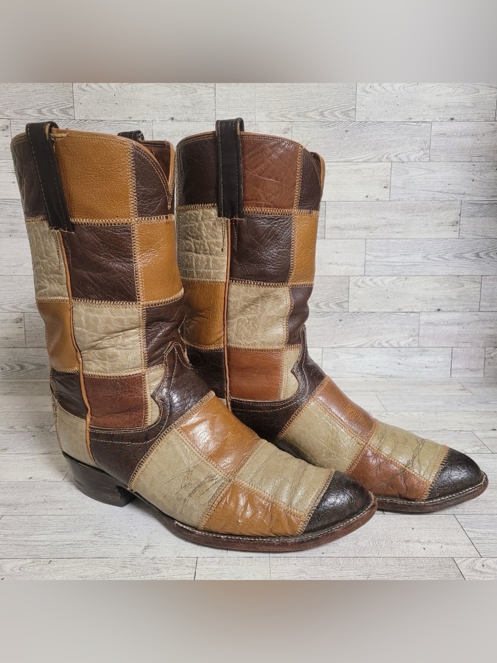 Men's Laramine Patchwork Exotic Brown Leather Vintage Handmade Cowboy Boots 11.5